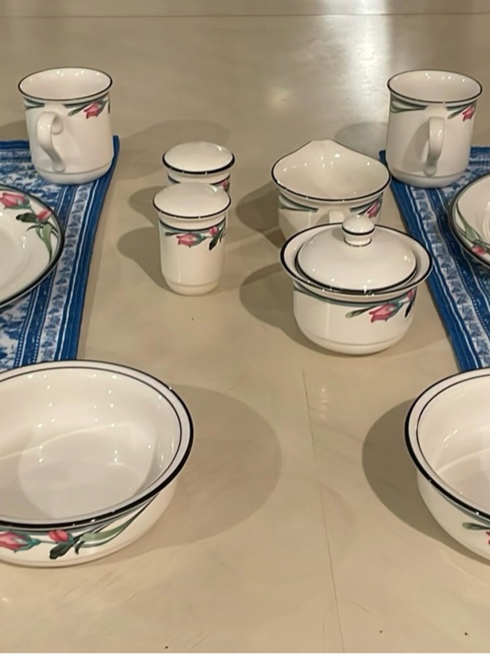 White Ceramic Dinnerware Set with Pink Floral Accent / 21 pieces